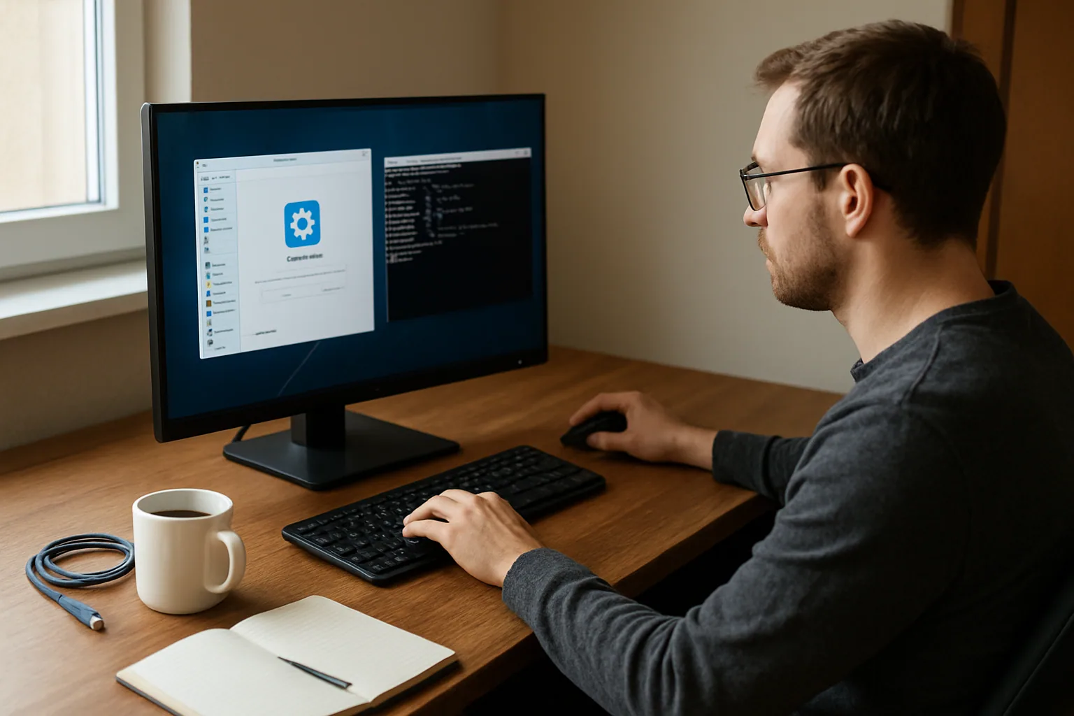 Una persona frente a un monitor con KDE Plasma abierto, revisando ajustes de sesión en un escritorio Linux moderno.