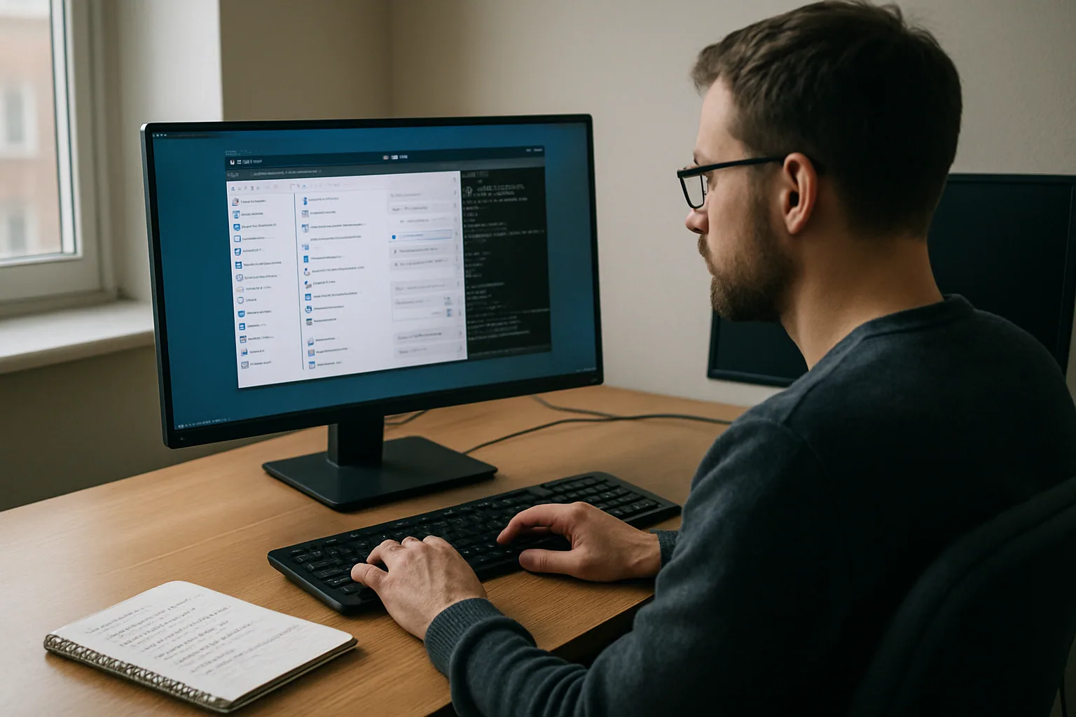 Persona administrando un escritorio Linux con KDE Plasma en un monitor de 27 pulgadas mientras revisa ajustes de sesión y compatibilidad gráfica.