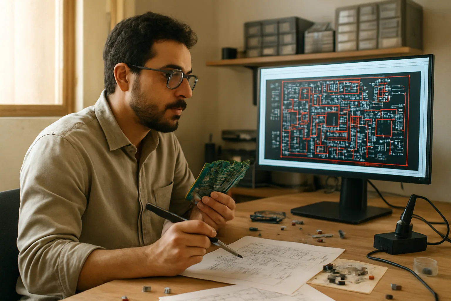 Una persona revisa un diseño de placa electrónica en una pantalla grande dentro de un laboratorio, con herramientas y componentes sobre la mesa.