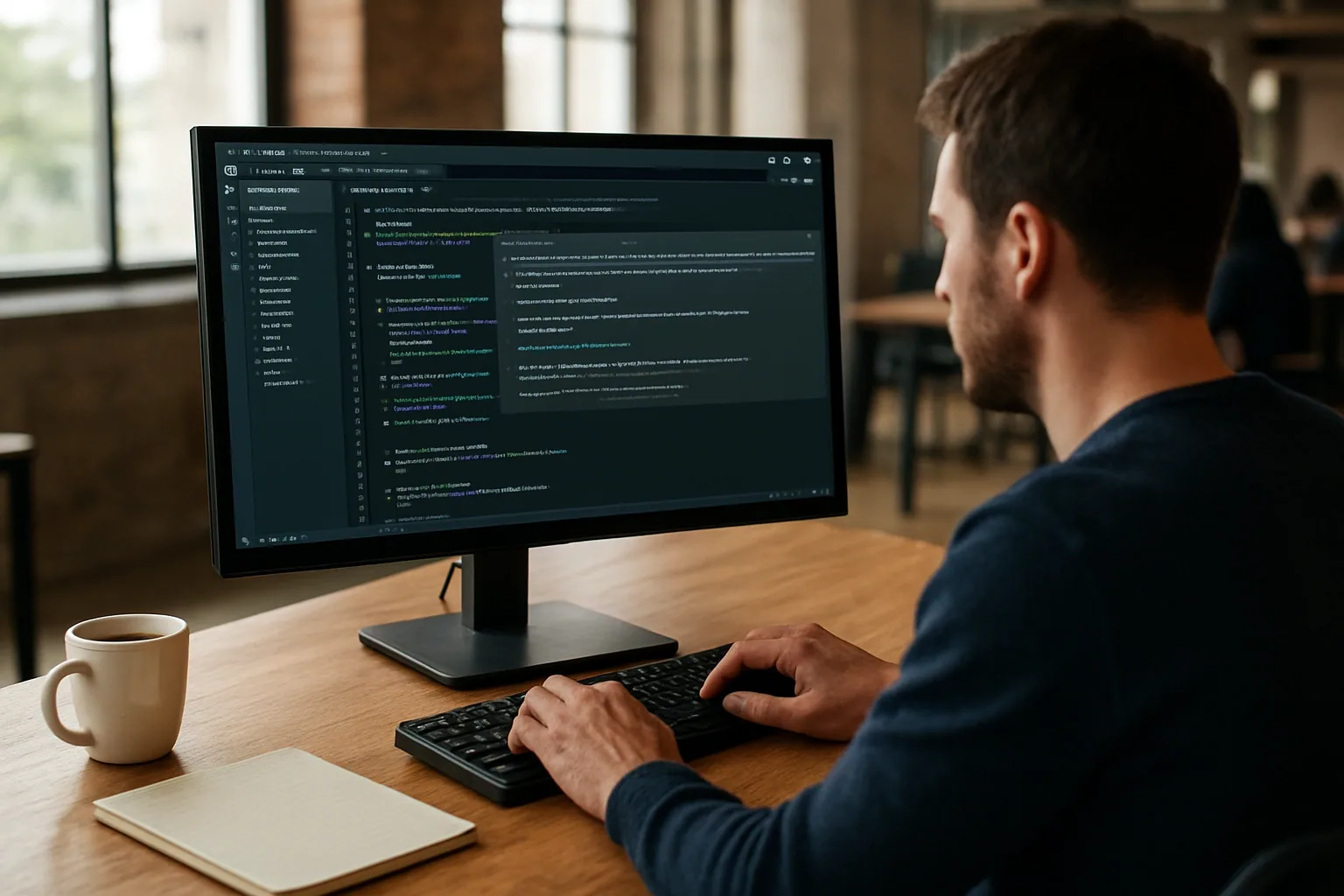 Un desarrollador revisa en una pantalla el panel de GitHub Copilot con sugerencias de código mientras trabaja en una oficina moderna.