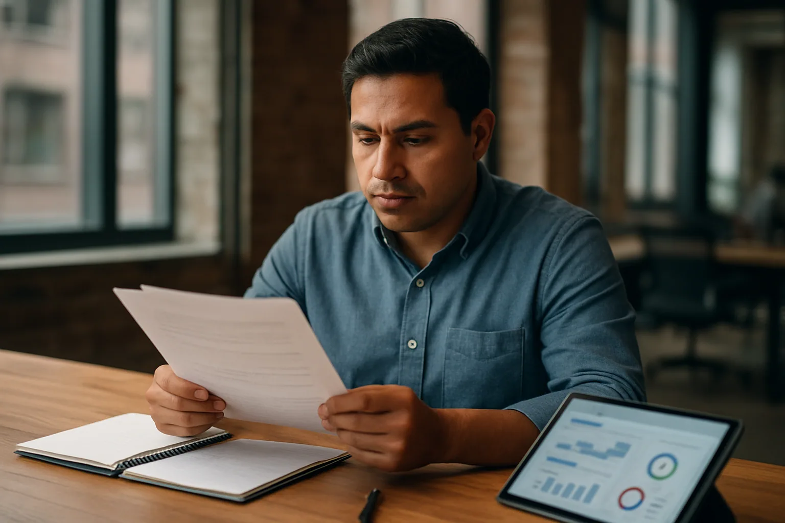 Una persona revisa documentos y notas en una mesa de trabajo moderna mientras usa una interfaz de IA en una pantalla al fondo.