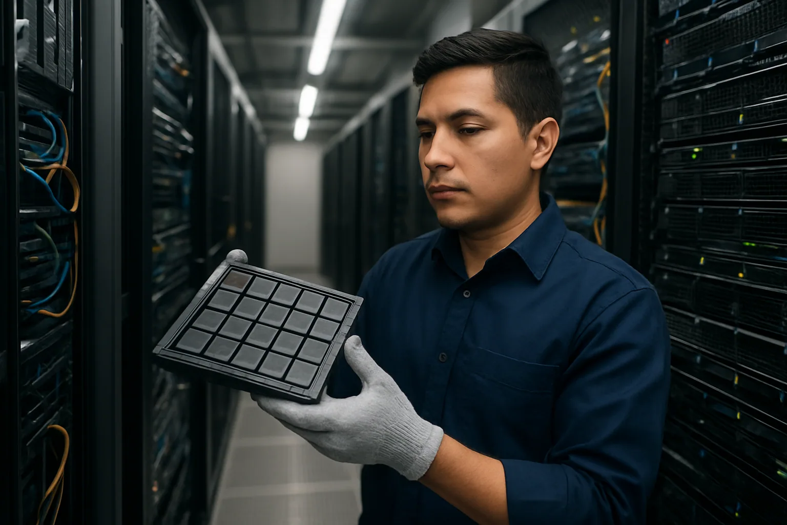 Un rack de servidores en un centro de datos con técnicos revisando módulos de almacenamiento y bandejas de discos frente a equipos de red.
