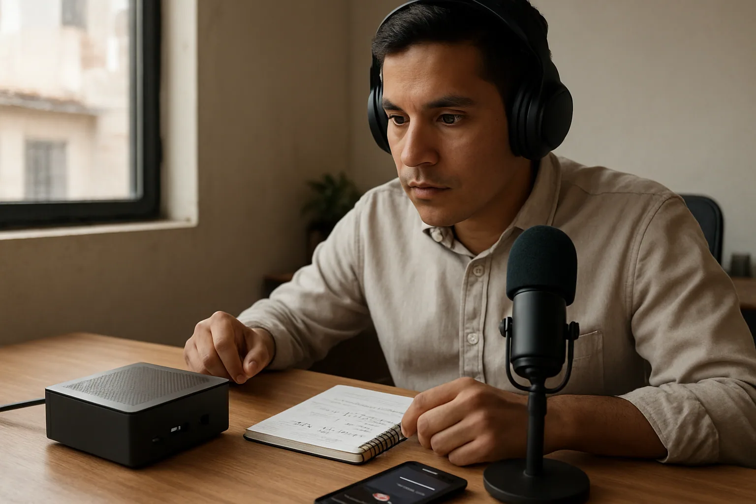 Una persona revisa una estación de trabajo con un mini PC encendido junto a unos audífonos y una interfaz de audio en un escritorio de producto.