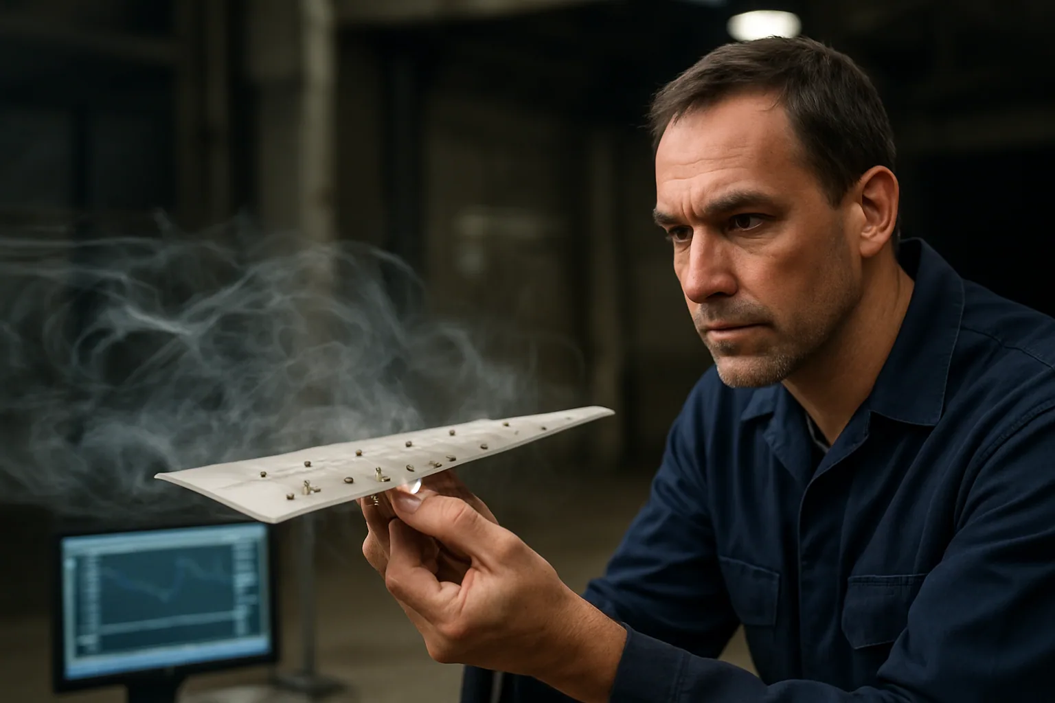 Un ingeniero observa en un túnel de viento un modelo de ala con sensores, mientras una pantalla muestra líneas de flujo de aire alrededor de la superficie.