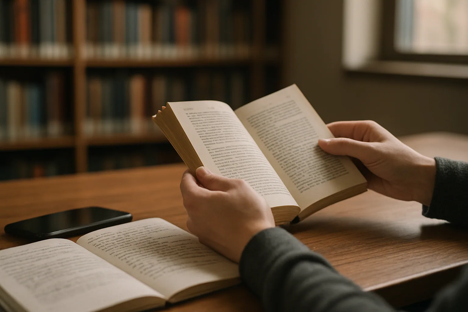 Una mesa de madera con libros de criptografía, una libreta abierta con notas y un teléfono móvil junto a una ventana con luz natural.