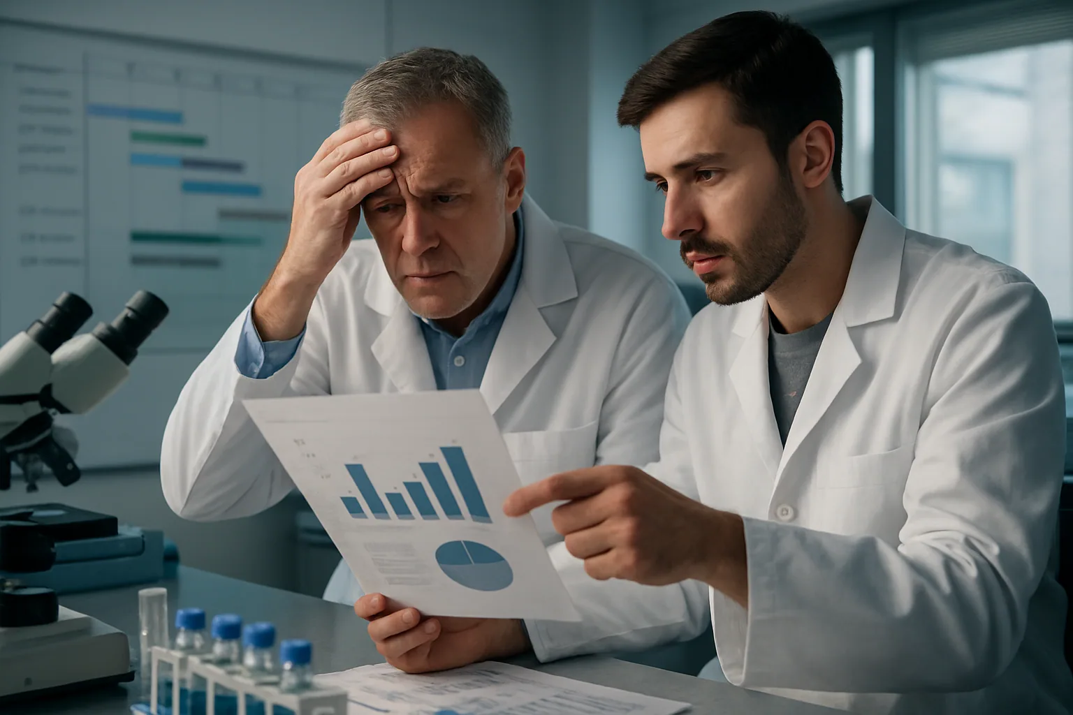 Un laboratorio de investigación en EE.UU. con científicos trabajando frente a equipos de medición y documentos de presupuesto sobre una mesa.