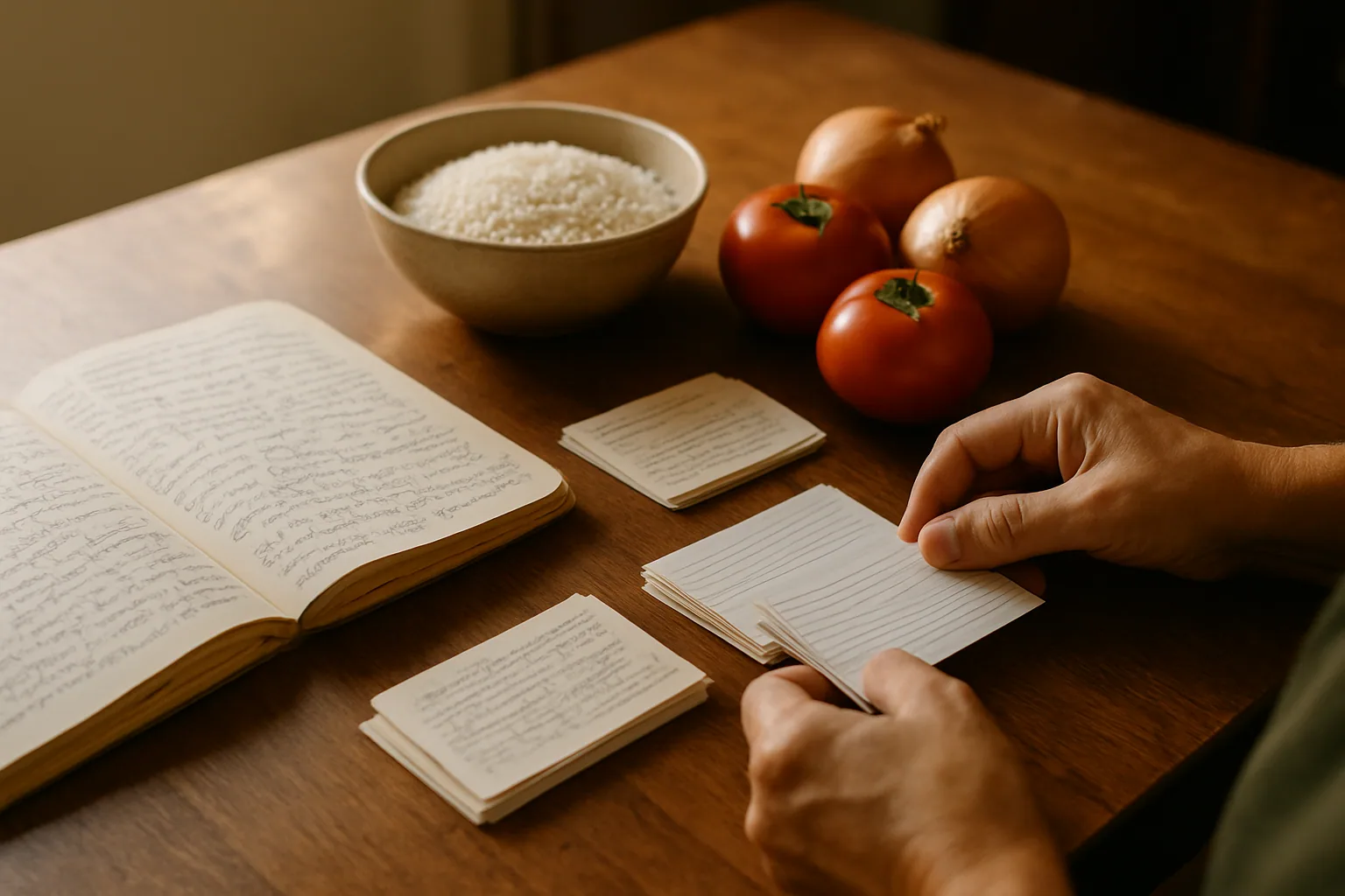 Una mesa de cocina con ingredientes simples, un cuaderno con notas técnicas y una persona organizando recetas y diagramas en un entorno doméstico.