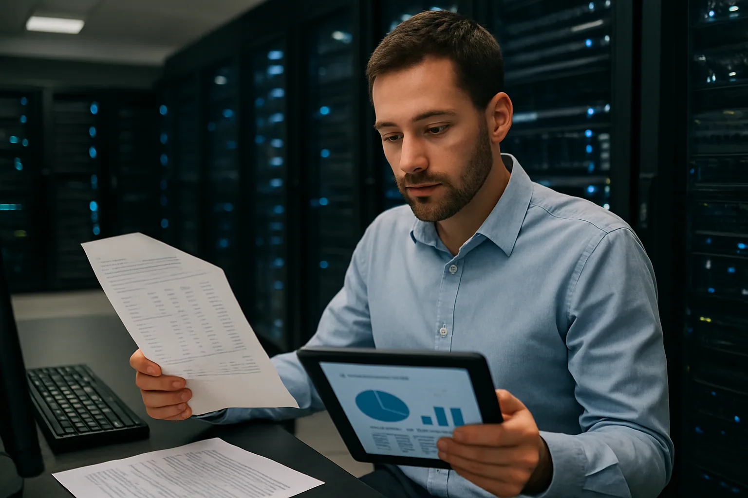 Un analista revisa un panel financiero en una sala de operaciones mientras al fondo se ven racks de servidores y equipos de red en un centro de datos.
