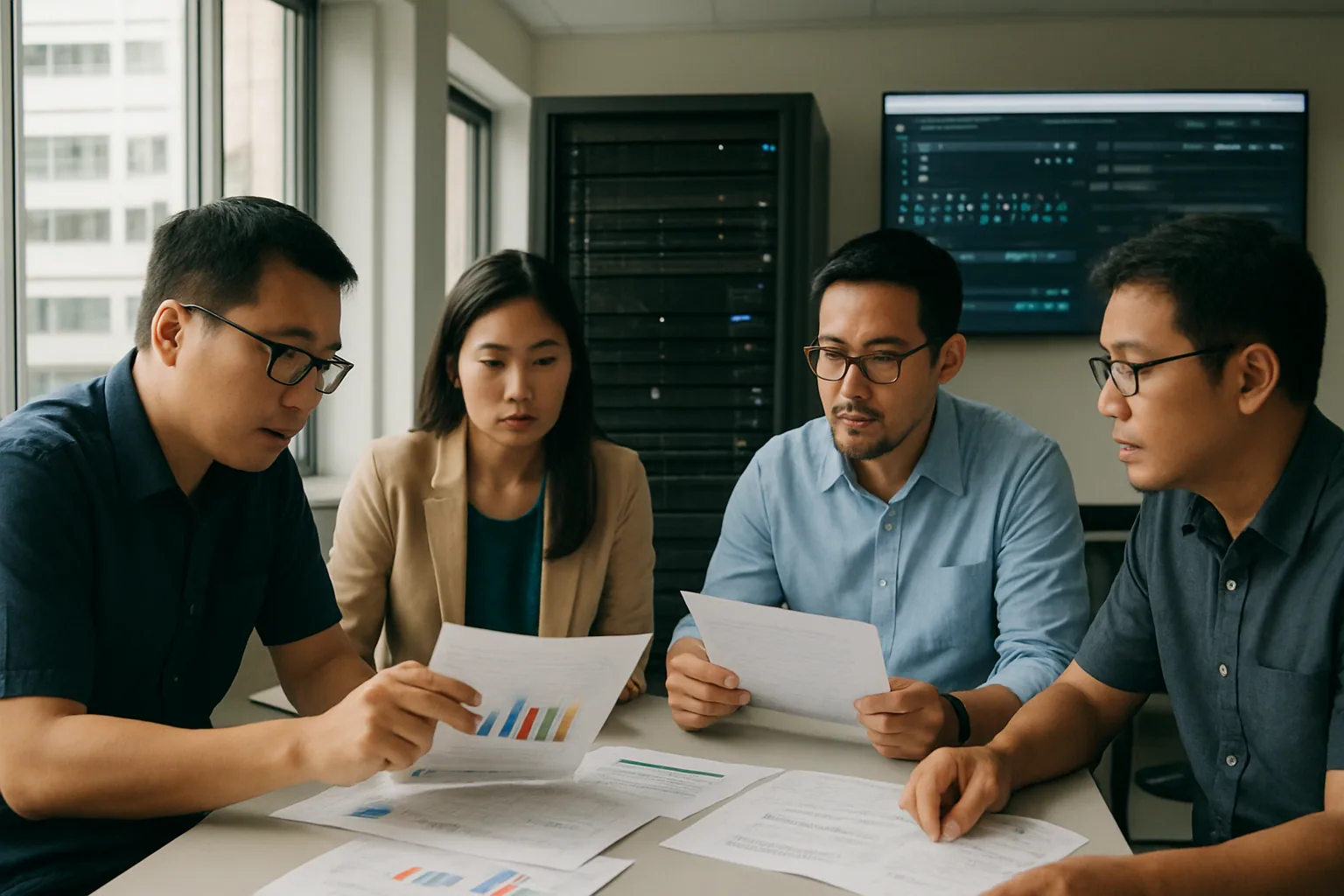 Un equipo de ingeniería revisa una pantalla con métricas de despliegue de modelos de IA en una oficina moderna, con una pizarra llena de notas técnicas al fondo.
