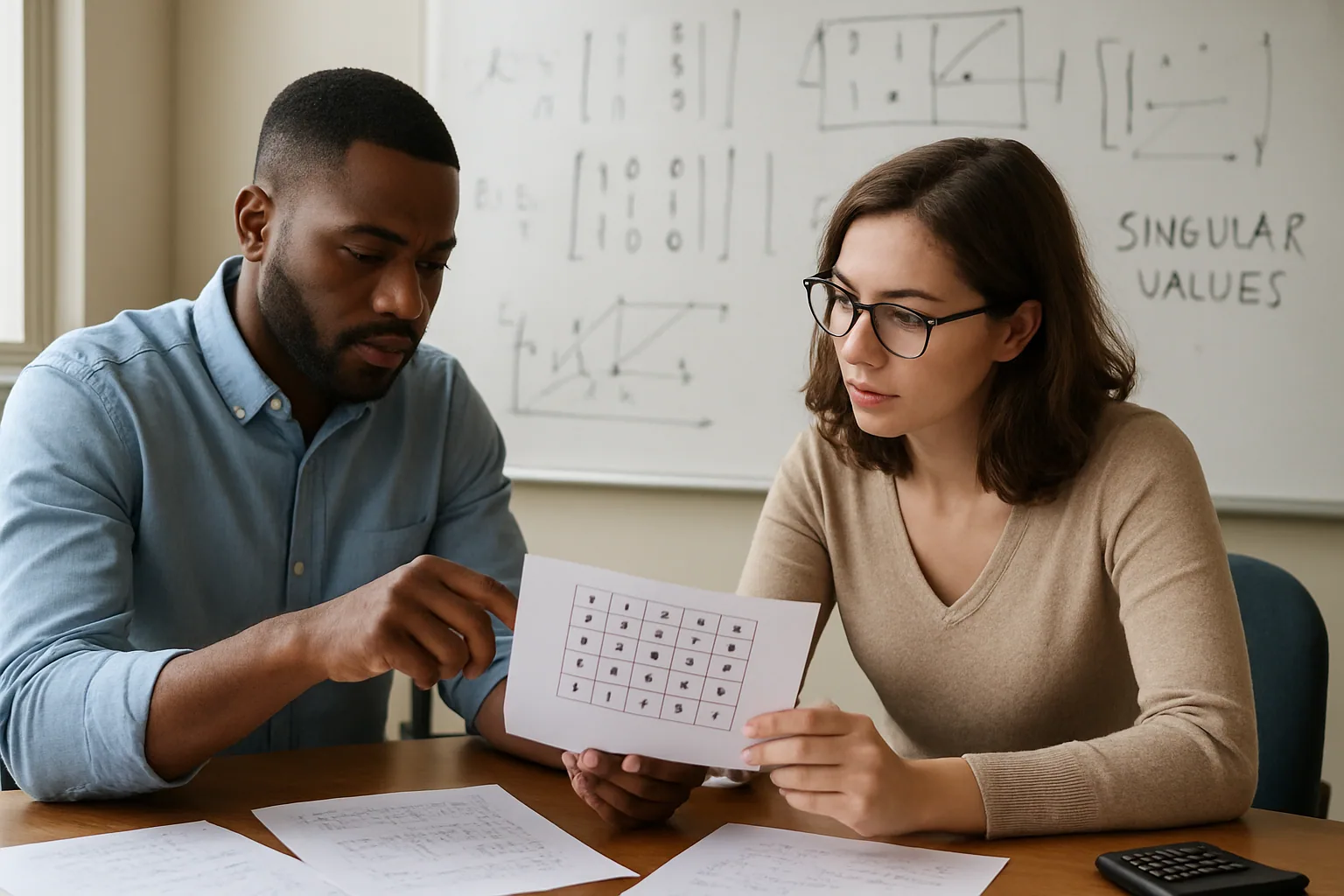 Una persona revisa apuntes de álgebra lineal junto a una pizarra con matrices y gráficos, en un escritorio de trabajo técnico.