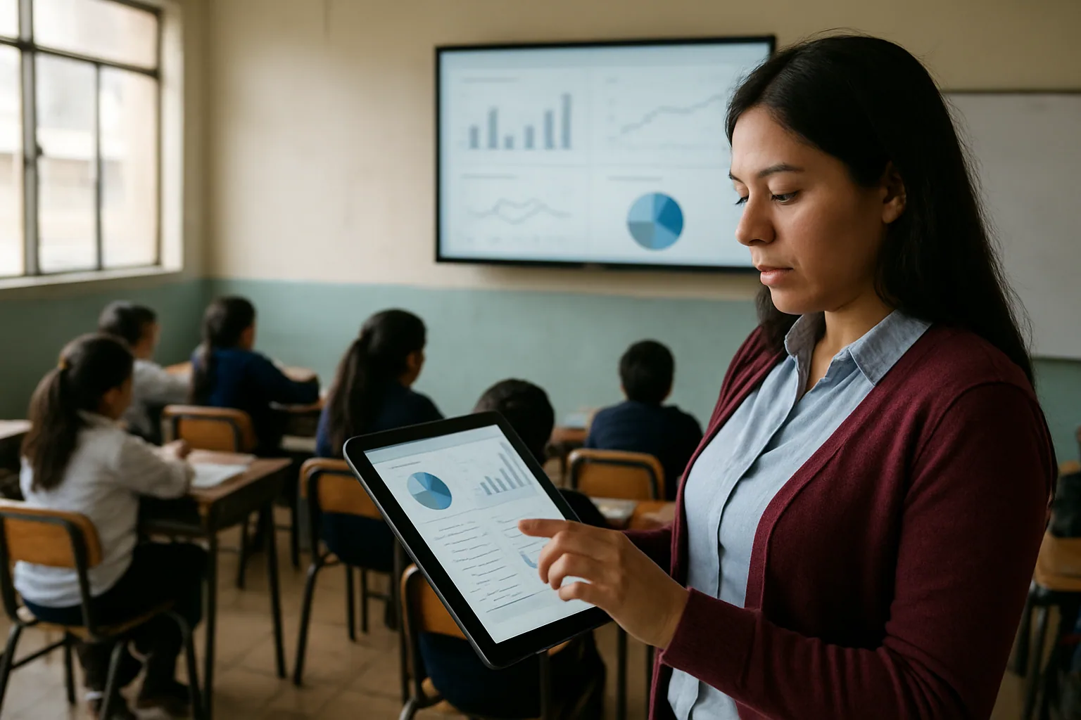 Una docente revisa datos en una tableta frente a estudiantes en un aula de Ecuador, mientras en una pantalla al fondo se ven gráficos de desempeño y asistencia.