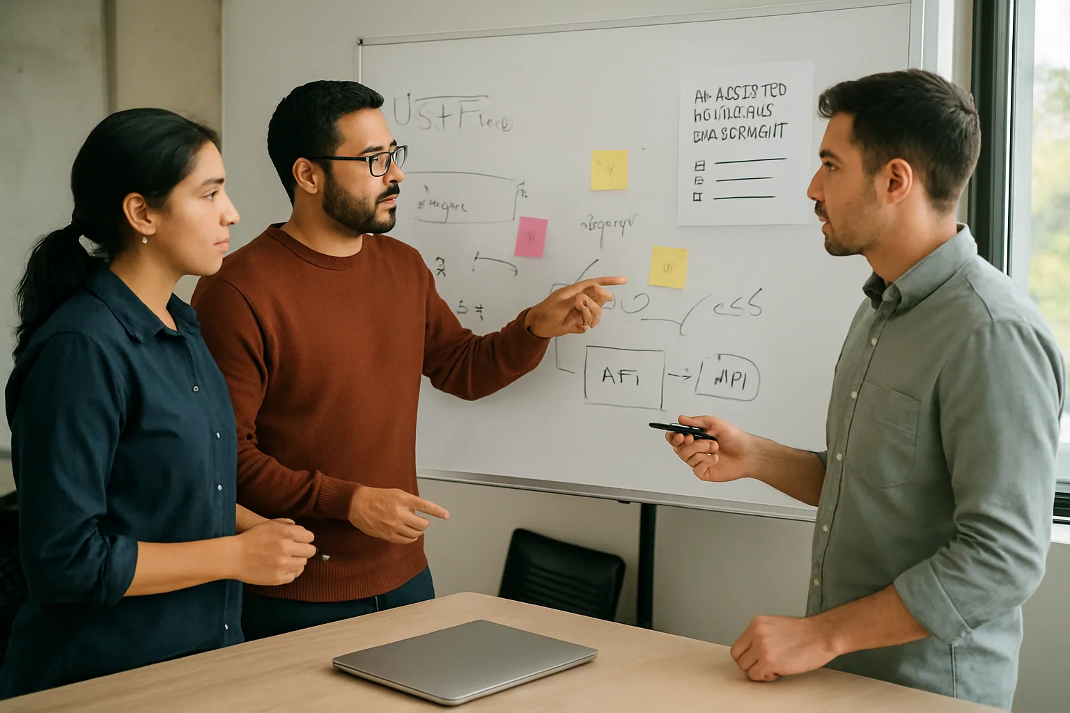 Un equipo de producto revisa una pizarra con flujos de trabajo y notas sobre IA y frontend en una oficina moderna.