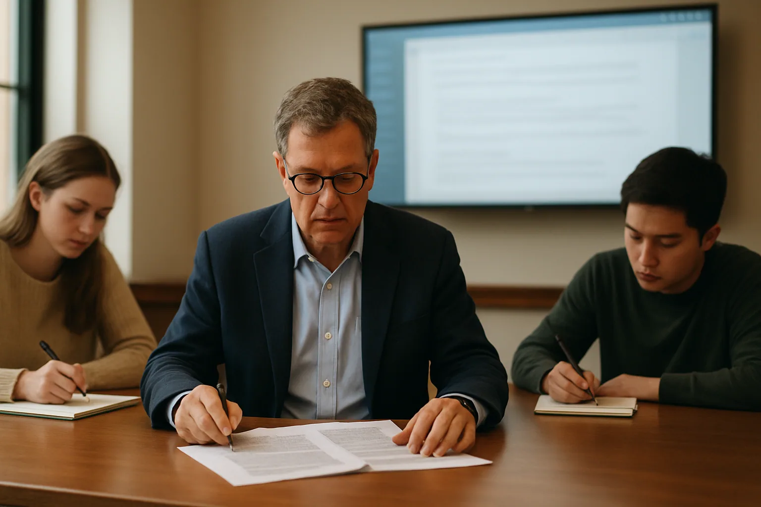 Un profesor de derecho revisa documentos impresos en una mesa de seminario mientras una pantalla al fondo muestra un análisis de texto jurídico.