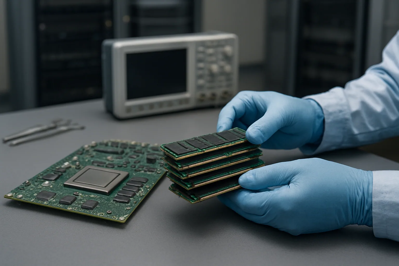 Un técnico revisa módulos de memoria y una tarjeta aceleradora de IA sobre una mesa de laboratorio, con herramientas de medición y racks al fondo.