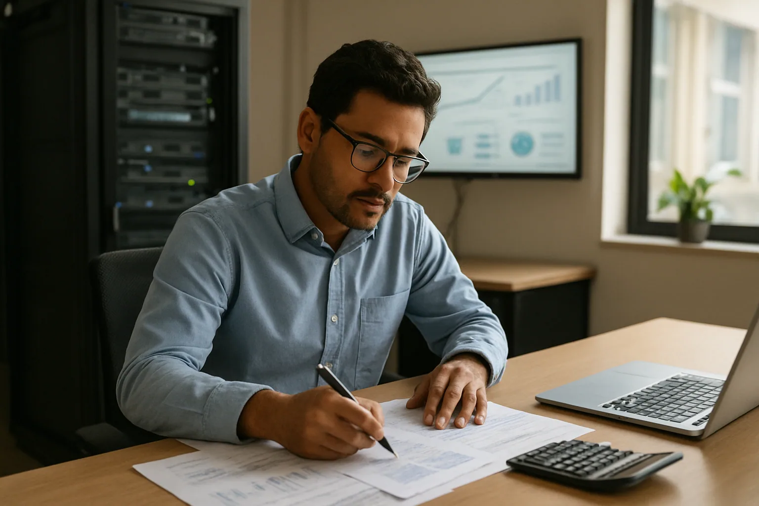 Una persona revisa una factura de servicios en una oficina mientras en una pantalla se ven gráficos de uso de infraestructura cloud y servidores en un rack al fondo.