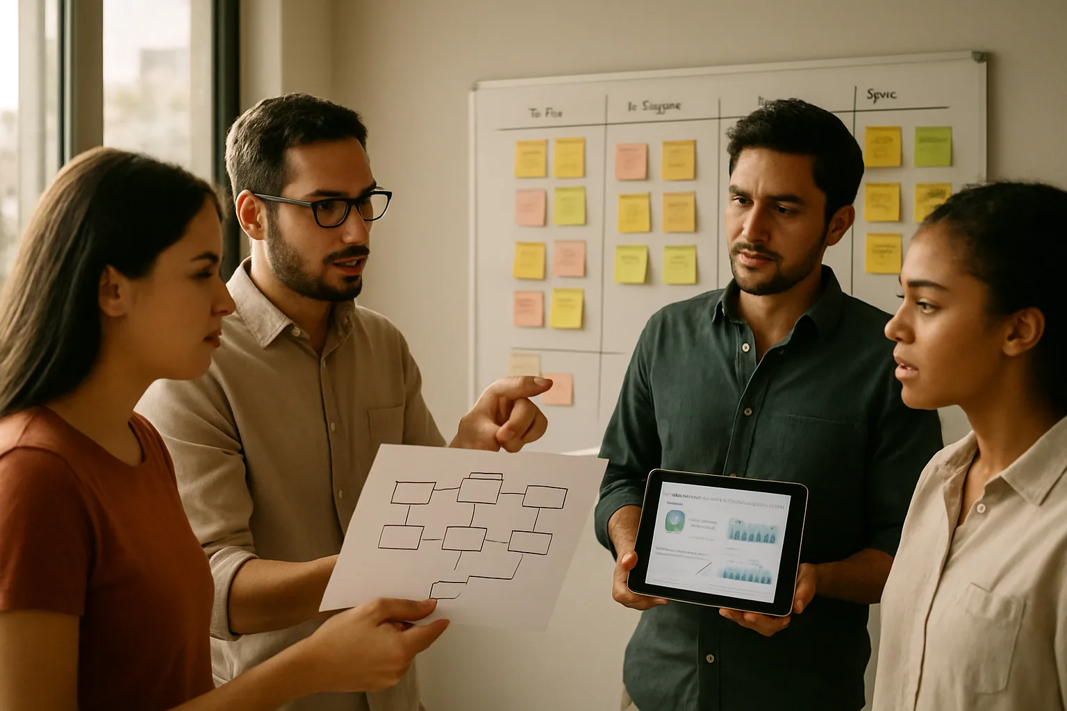 Un equipo de producto y desarrollo revisa en una mesa varios diagramas de flujo y pantallas de agentes de IA coordinándose sobre un problema técnico.