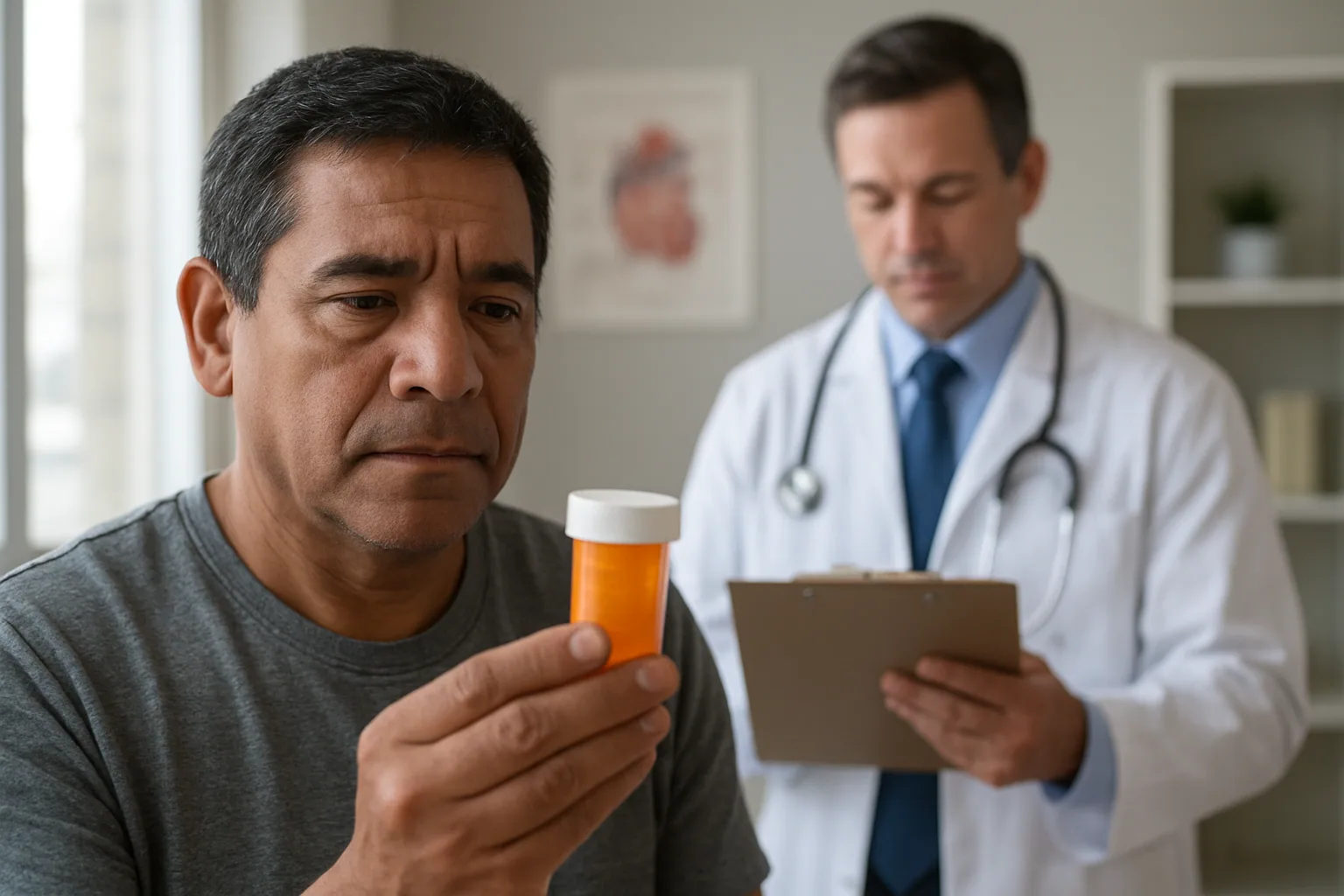 Un frasco de medicamento sobre una mesa clínica junto a un estetoscopio y una libreta con resultados de colesterol.