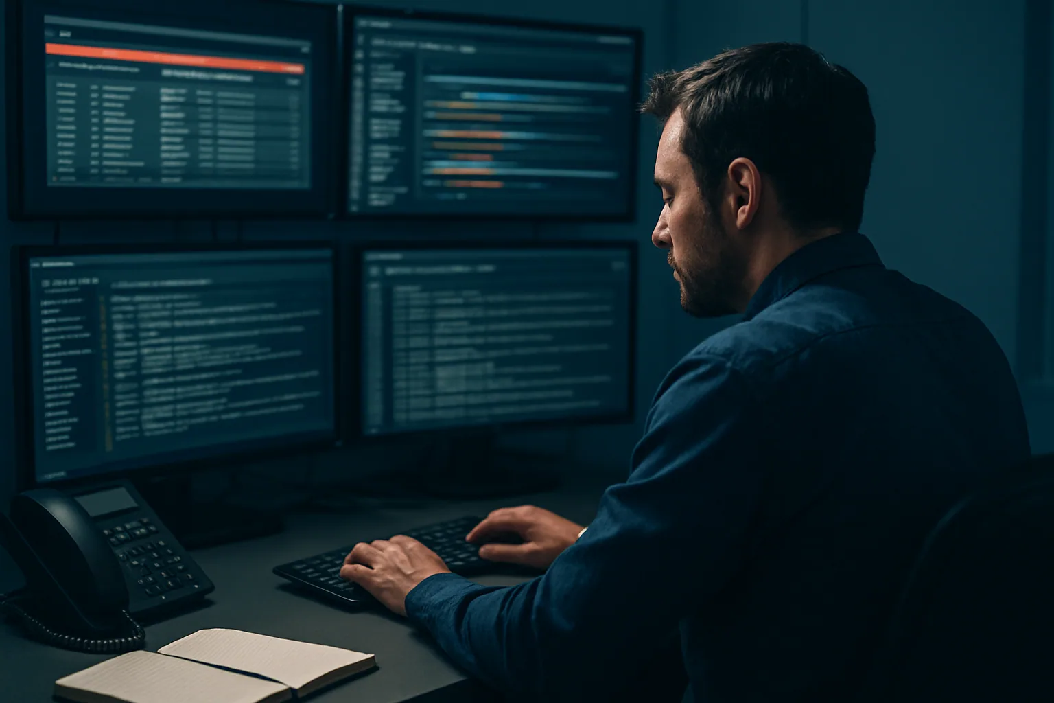 Un analista de ciberseguridad revisa alertas en una sala de monitoreo con varias pantallas mostrando eventos de Windows y líneas de logs.