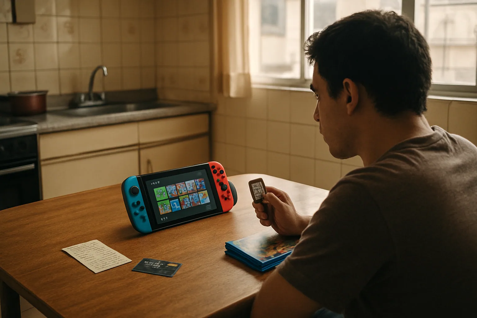 Una persona sostiene una tarjeta de juego física junto a una consola portátil y mira una tienda digital en una pantalla, mostrando la tensión entre compra y acceso.