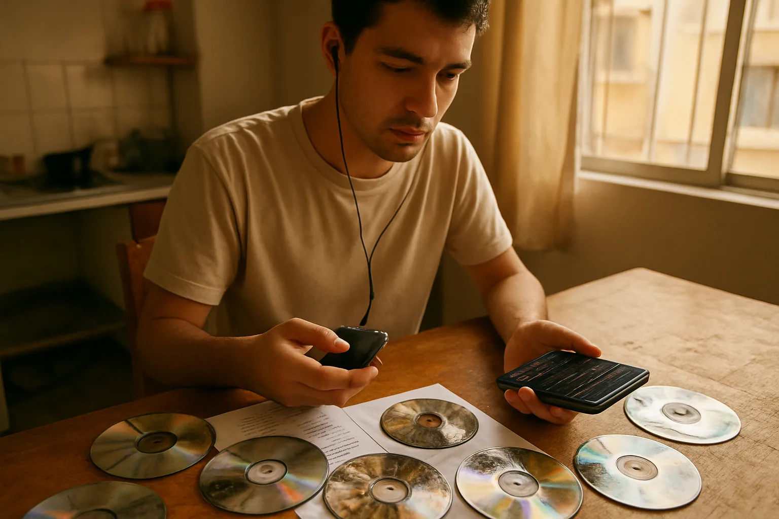 Una persona revisa una colección de CDs, un reproductor portátil y una laptop en una mesa, con estética de archivo musical y luz natural de tarde.