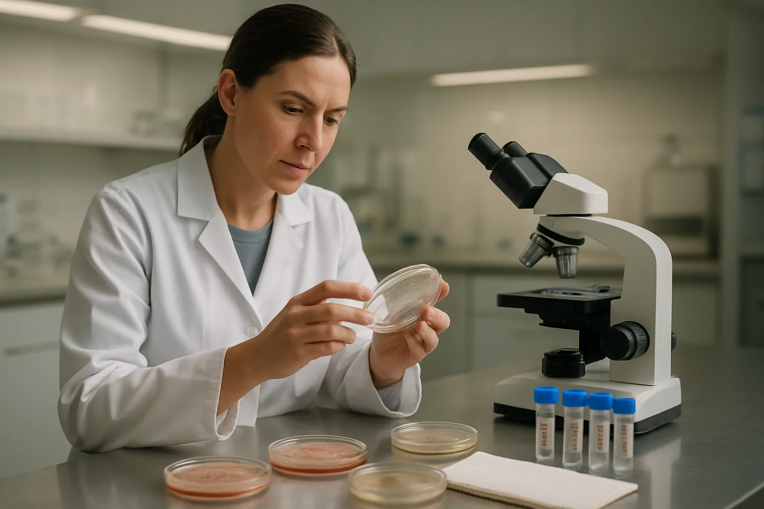 Una investigadora observa placas de cultivo y un microscopio en un laboratorio, con muestras celulares preparadas sobre la mesa.