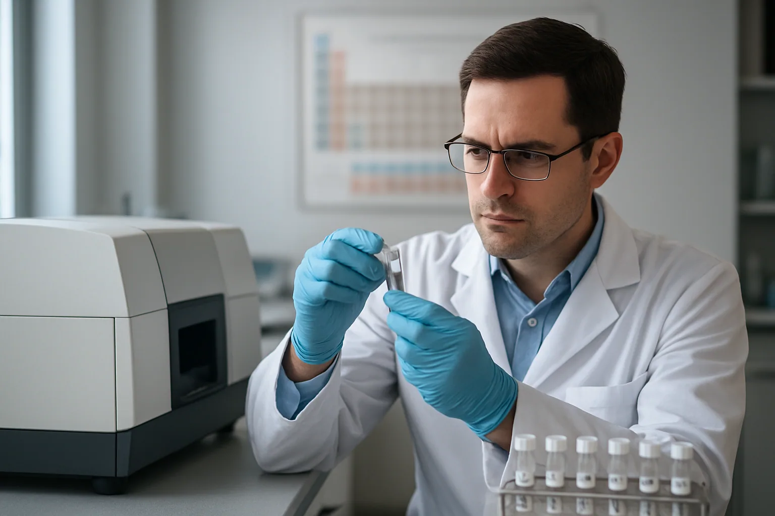 Un laboratorio de química con un investigador observando un espectrómetro y modelos moleculares metálicos sobre una mesa.