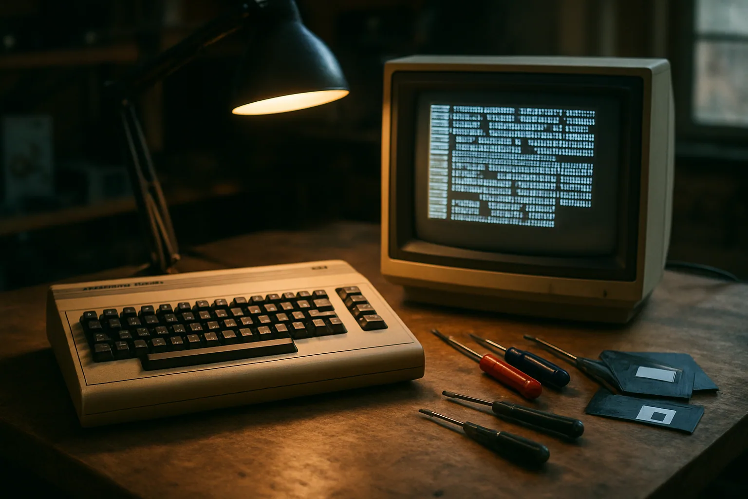 Un Commodore 64 sobre una mesa de taller junto a una pantalla CRT mostrando texto de diagnóstico en bloques pixelados y herramientas de reparación alrededor.