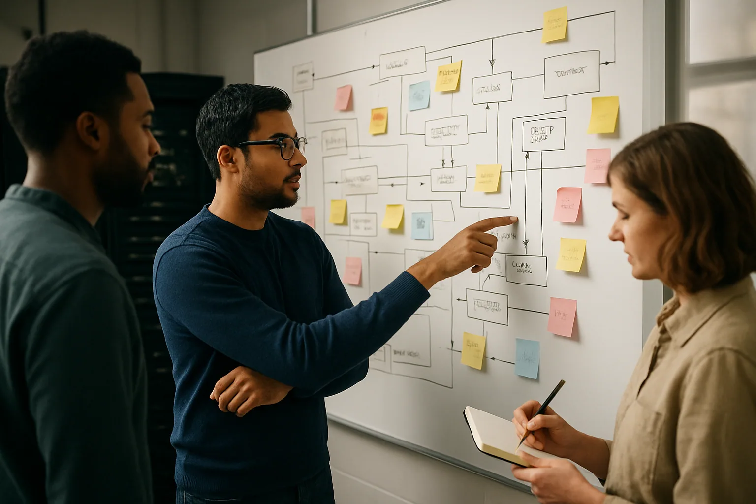 Un equipo de ingeniería revisa un diagrama de arquitectura lleno de servicios, dependencias y flechas en una sala de reuniones.