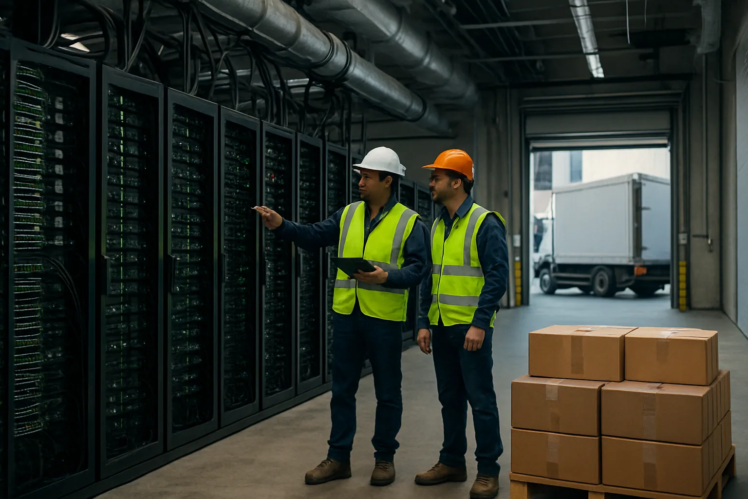 Un centro de datos con racks de servidores y técnicos revisando cableado y energía, mientras afuera se ve una camioneta de logística cargando equipos para expansión de cómputo.