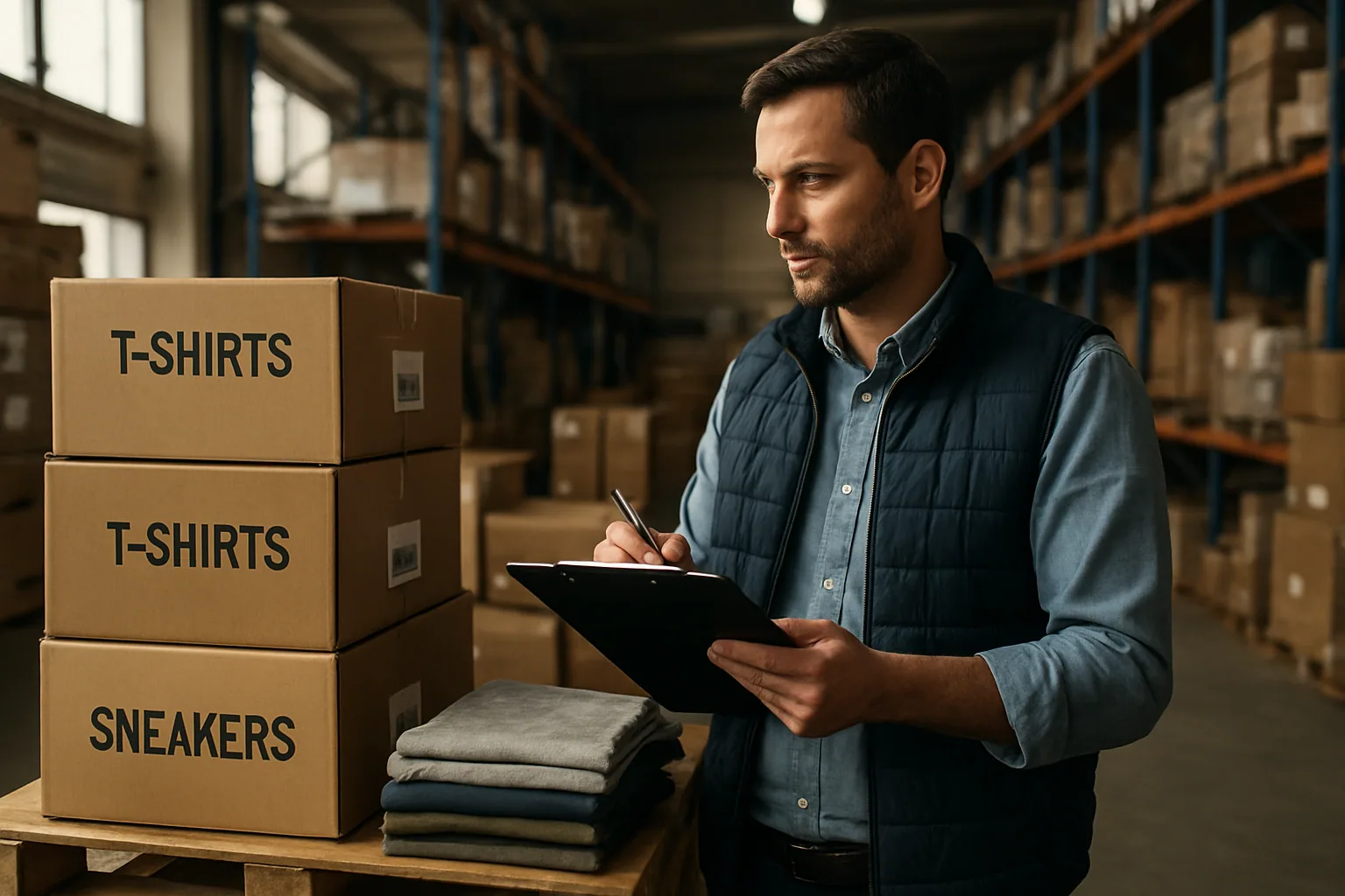 Una operaria revisa cajas de ropa y zapatos nuevos apilados en un almacén textil antes de su clasificación para reventa o reciclaje.