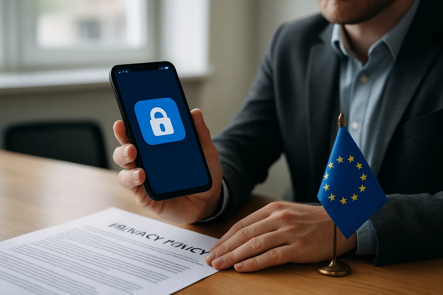 Una persona revisa mensajes en un teléfono móvil mientras al fondo aparece un edificio institucional europeo, en una escena de oficina sobria y realista.