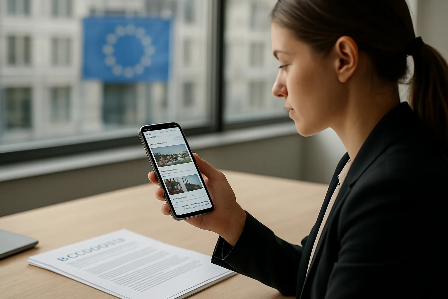Una persona revisa Instagram y Facebook en un teléfono móvil mientras al fondo se ve un edificio institucional europeo y documentos sobre regulación digital.