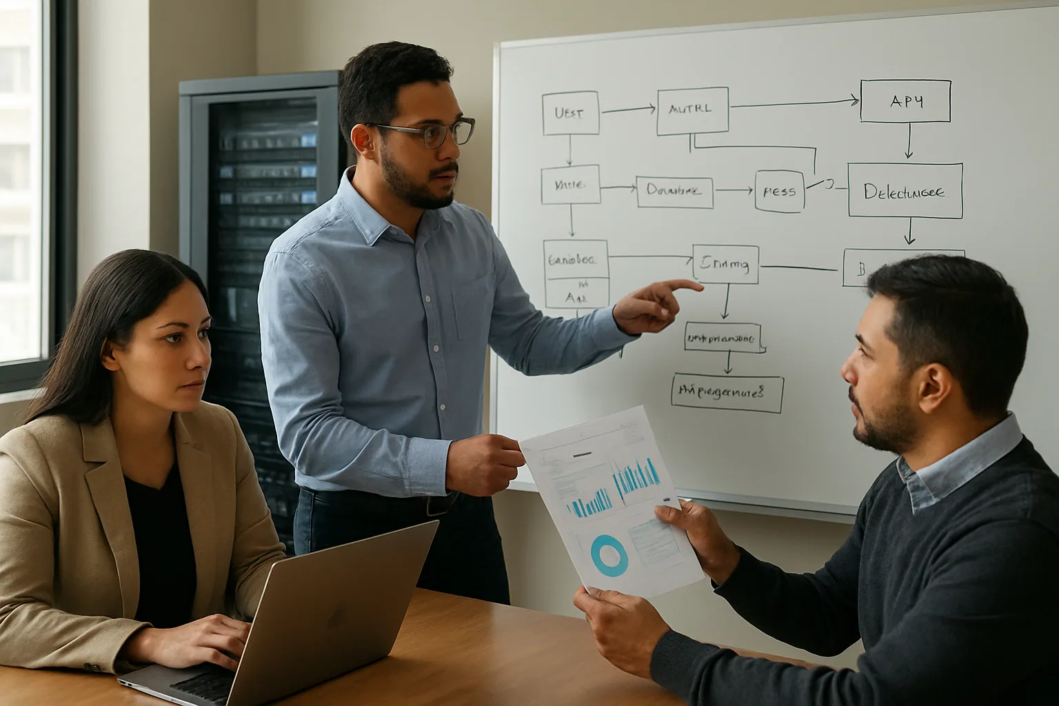 Un equipo de tecnología revisa en una sala de reuniones una arquitectura de IA en una pizarra junto a diagramas de sistemas empresariales.