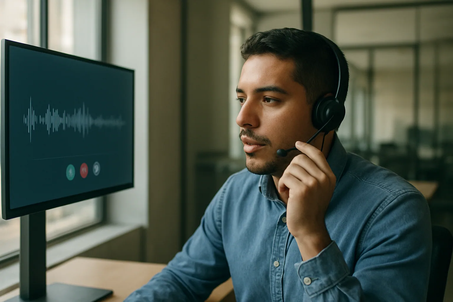 Una persona hablando con un auricular frente a una pantalla de atención al cliente en una oficina moderna, con una interfaz de voz activa en el monitor.