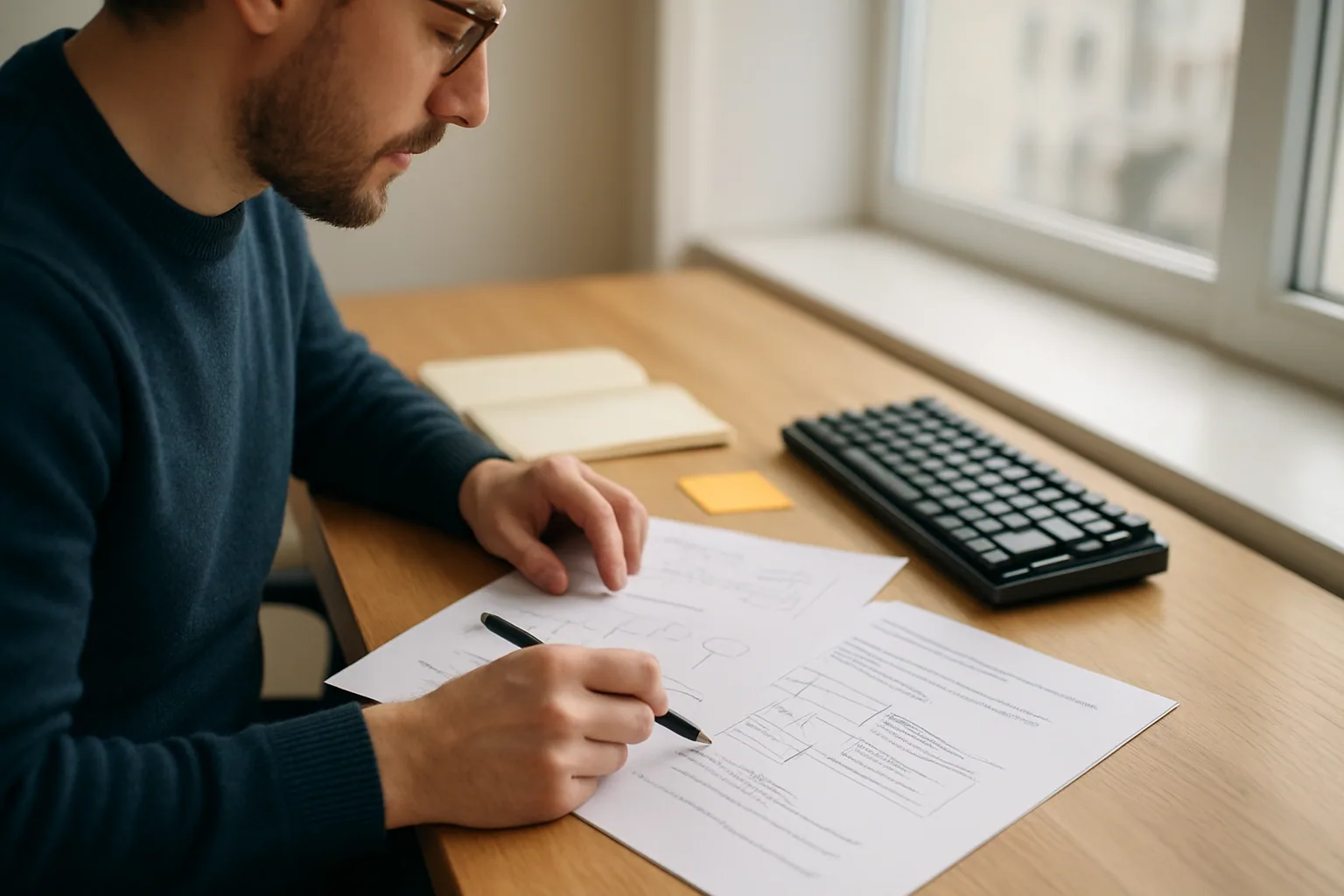 Una persona revisa un documento técnico impreso sobre una mesa, con notas adhesivas, un teclado y una libreta al lado en una oficina luminosa.