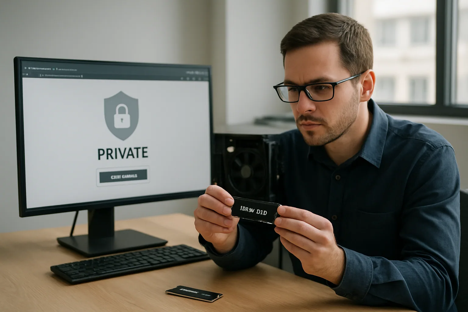 Un portátil abierto junto a un SSD externo sobre una mesa, con una persona revisando actividad en pantalla en una oficina moderna.