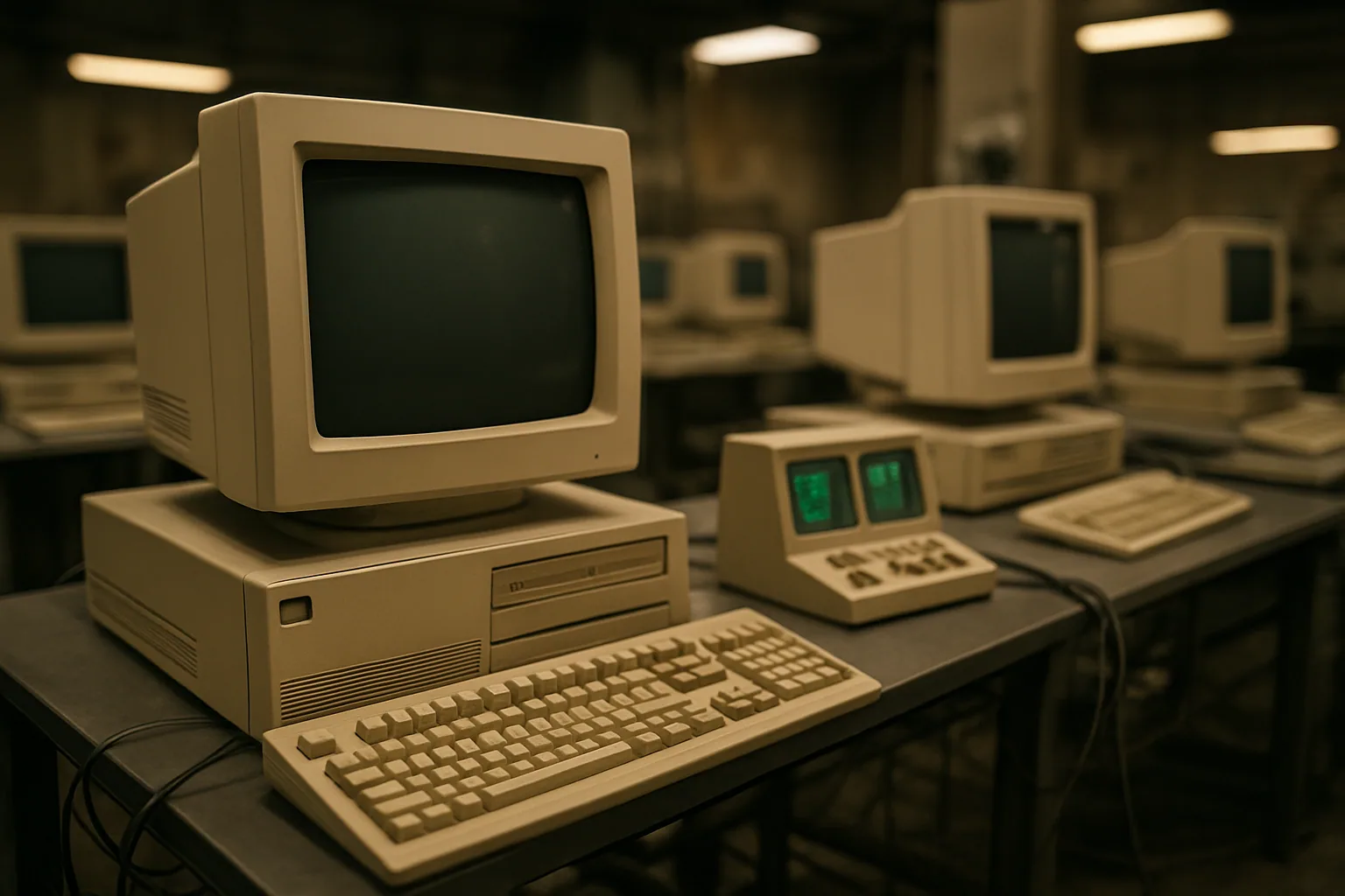 Un laboratorio de informática de los años 90 con monitores CRT, torres beige y una consola de control inspirada en Jurassic Park sobre un escritorio metálico.