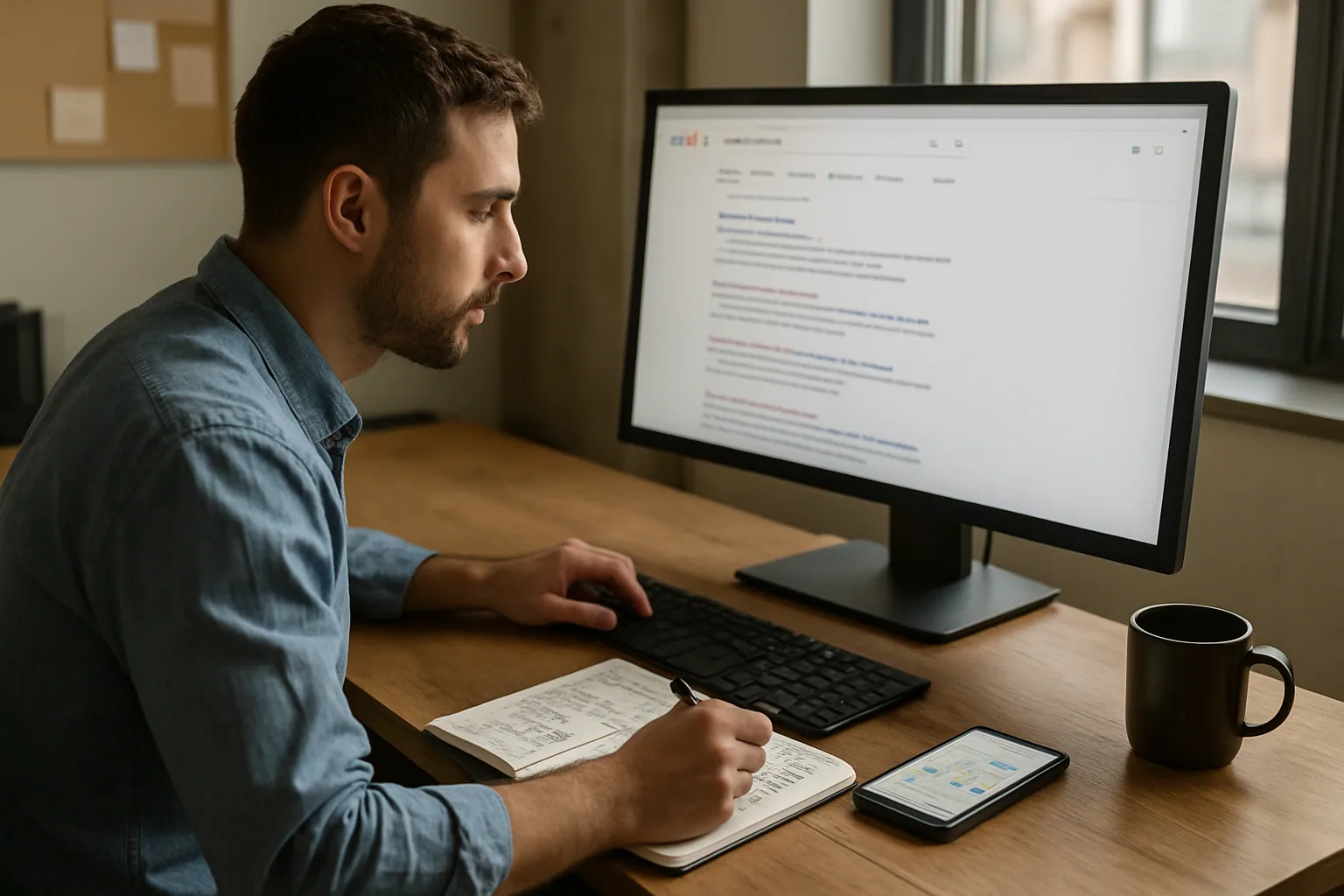 Una persona revisa resultados de Google en un monitor de escritorio mientras una libreta con notas de SEO y métricas de tráfico está sobre la mesa.