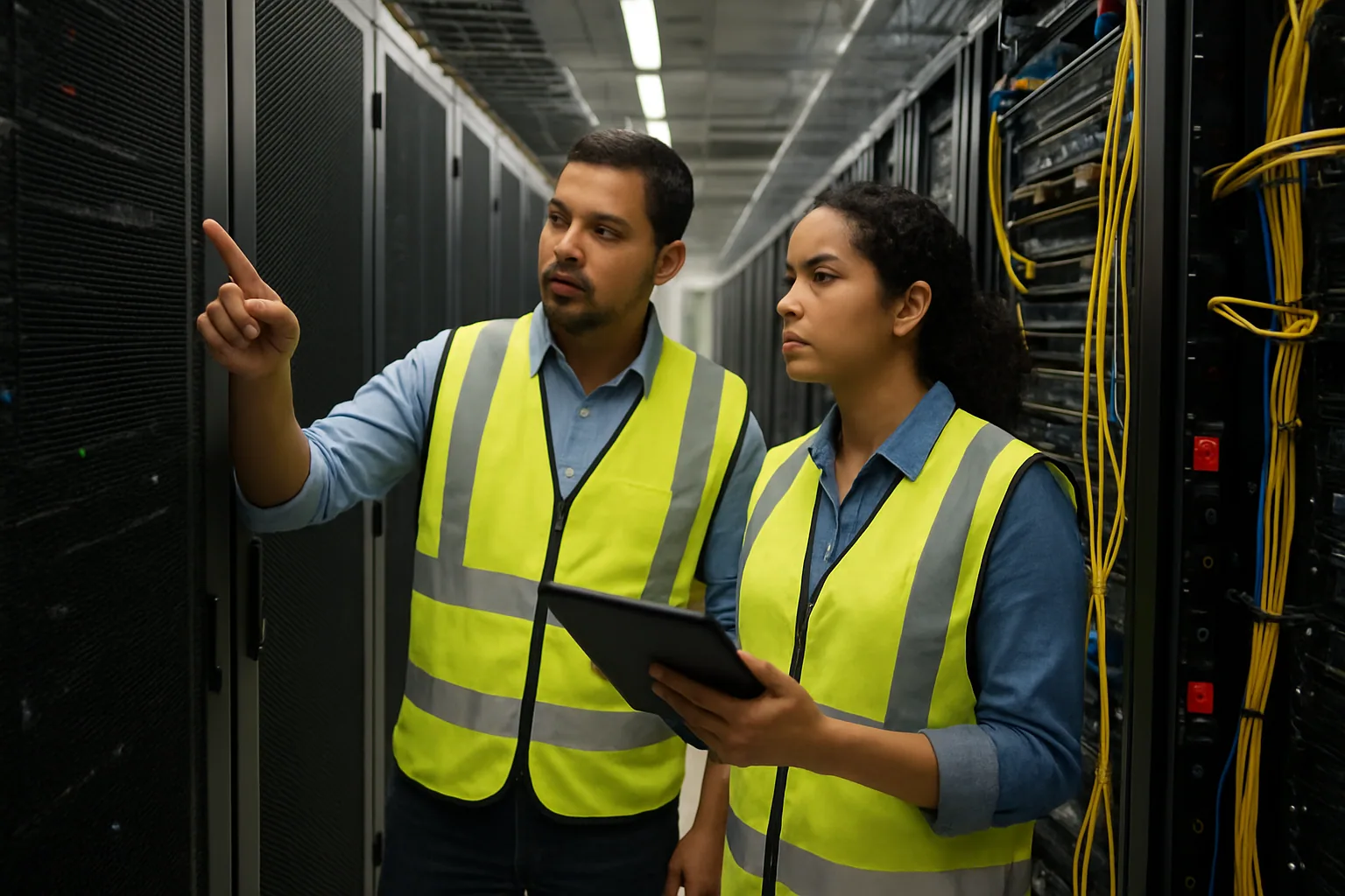 Una fila de racks de servidores en un centro de datos moderno con técnicos revisando cableado y paneles de energía en primer plano.