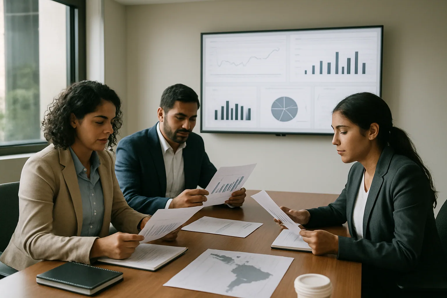Un equipo de trabajo revisa en una sala de reuniones un panel con métricas de un modelo de IA y documentos sobre datos en español de América Latina.
