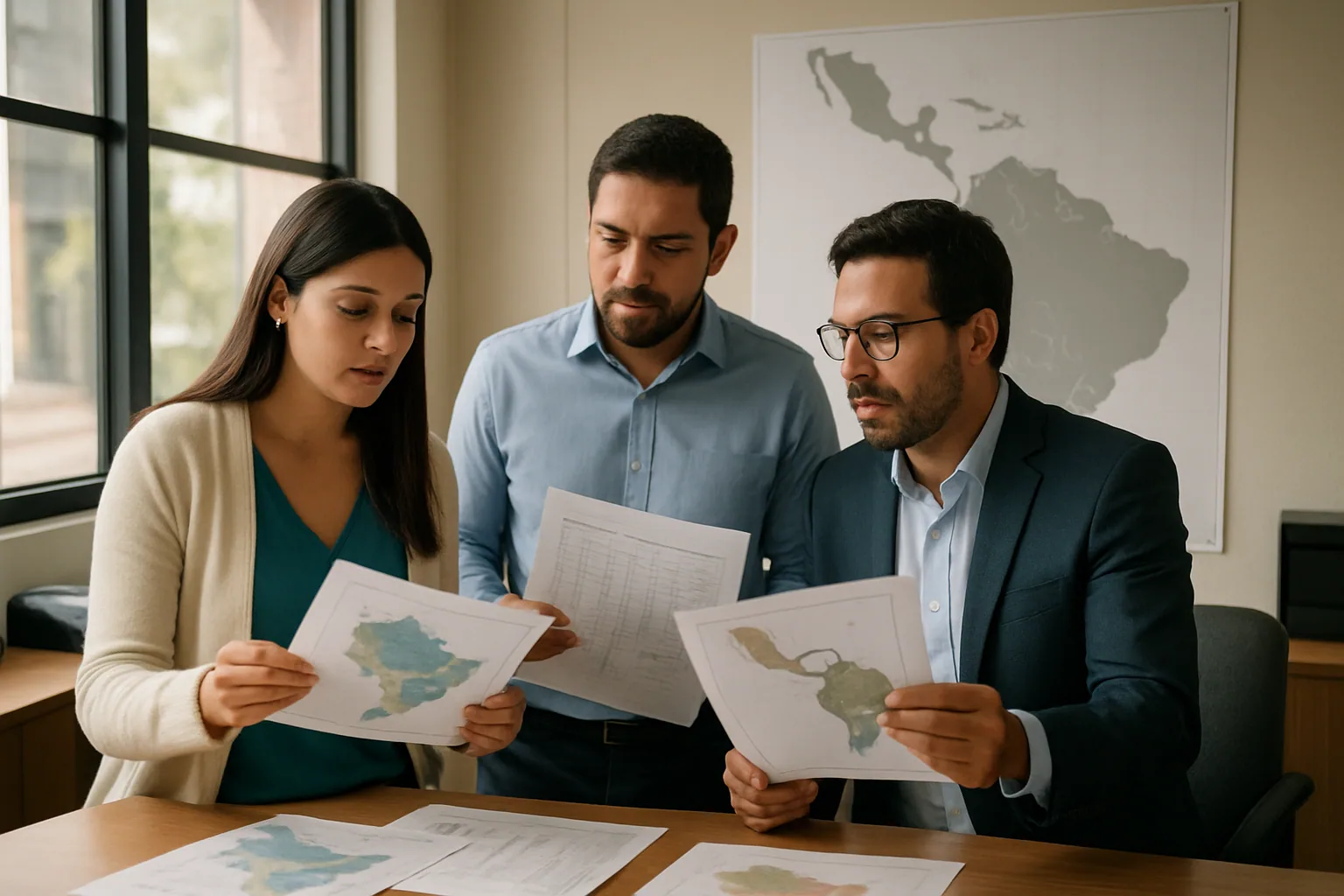 Una persona revisa en una sala de trabajo una pantalla con mapas y documentos de América Latina mientras un equipo conversa alrededor de una mesa.