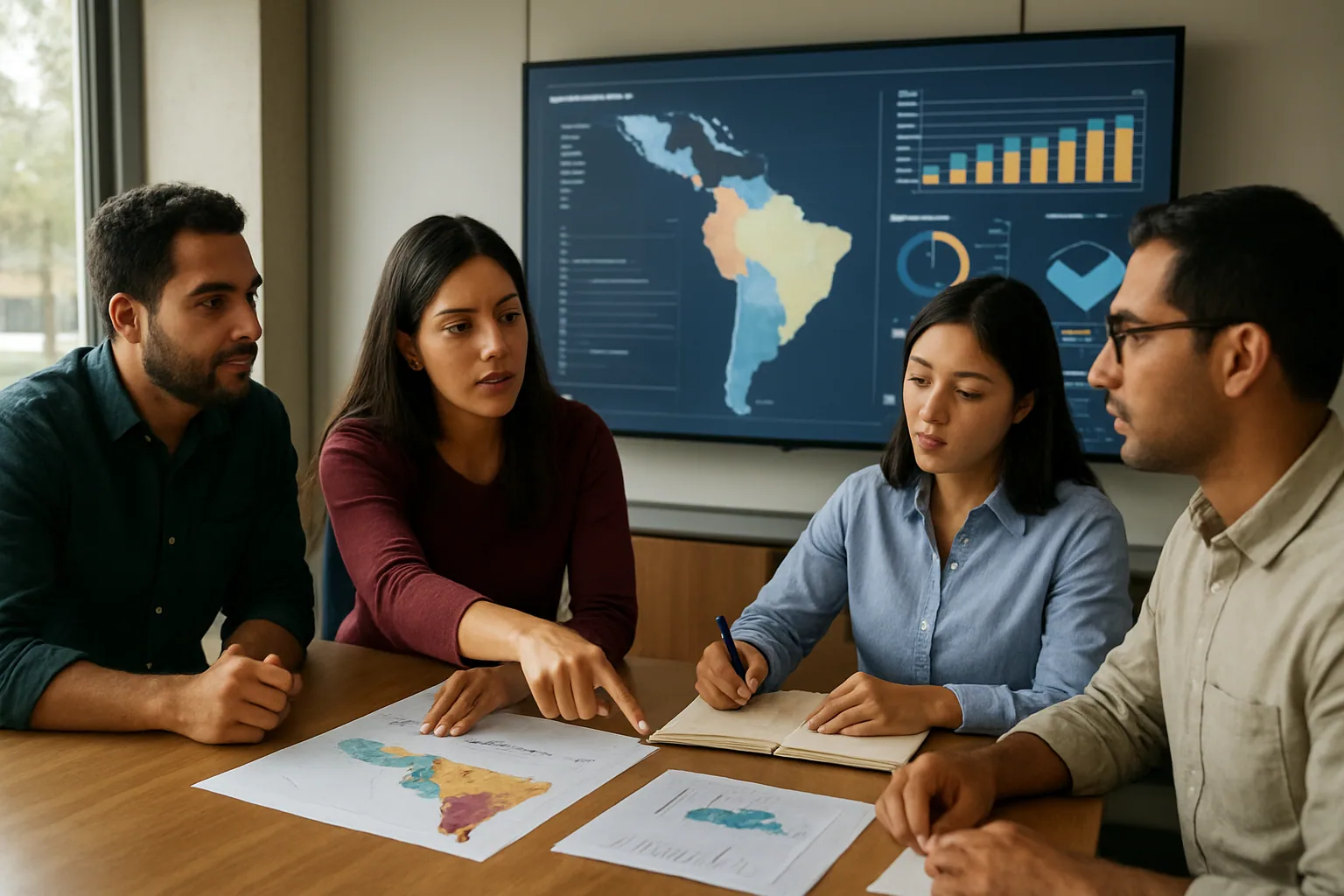 Un equipo de trabajo revisa mapas y documentos en una mesa de oficina mientras una pantalla muestra gráficos de datos de América Latina.