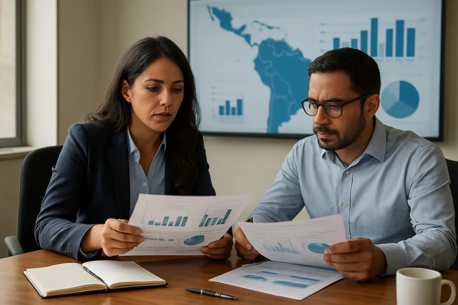 Una persona revisa en una sala de trabajo un mapa de América Latina en una pantalla junto a notas de datos y documentos impresos.