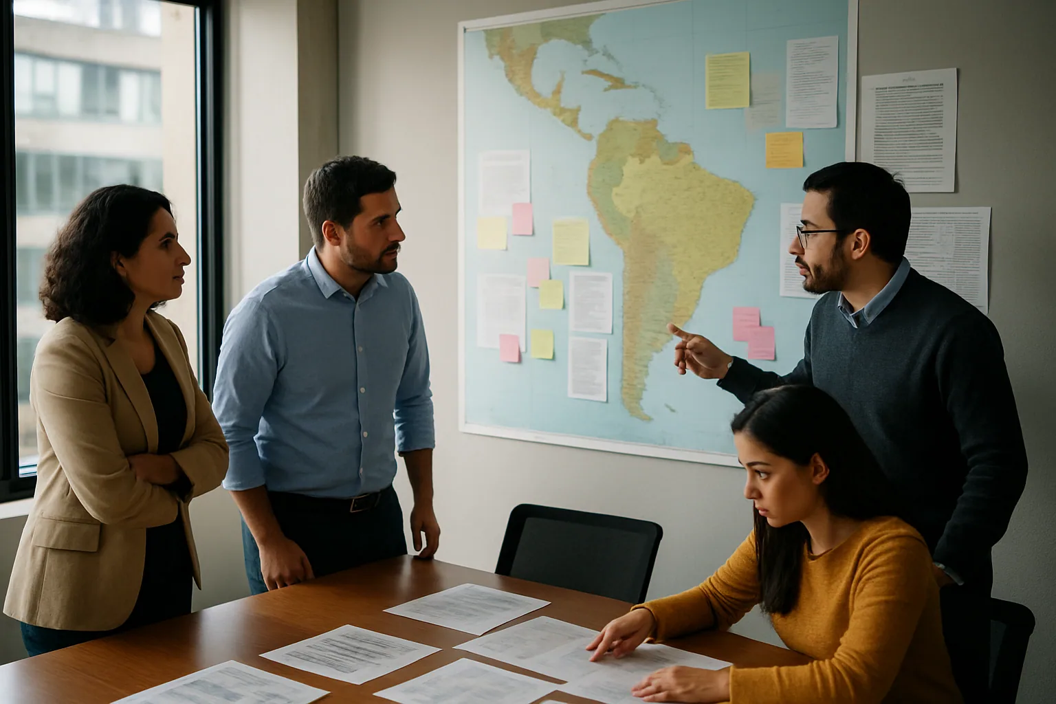 Una persona revisa en una pantalla un mapa de América Latina junto a gráficos de datos y notas de trabajo en una mesa de oficina.
