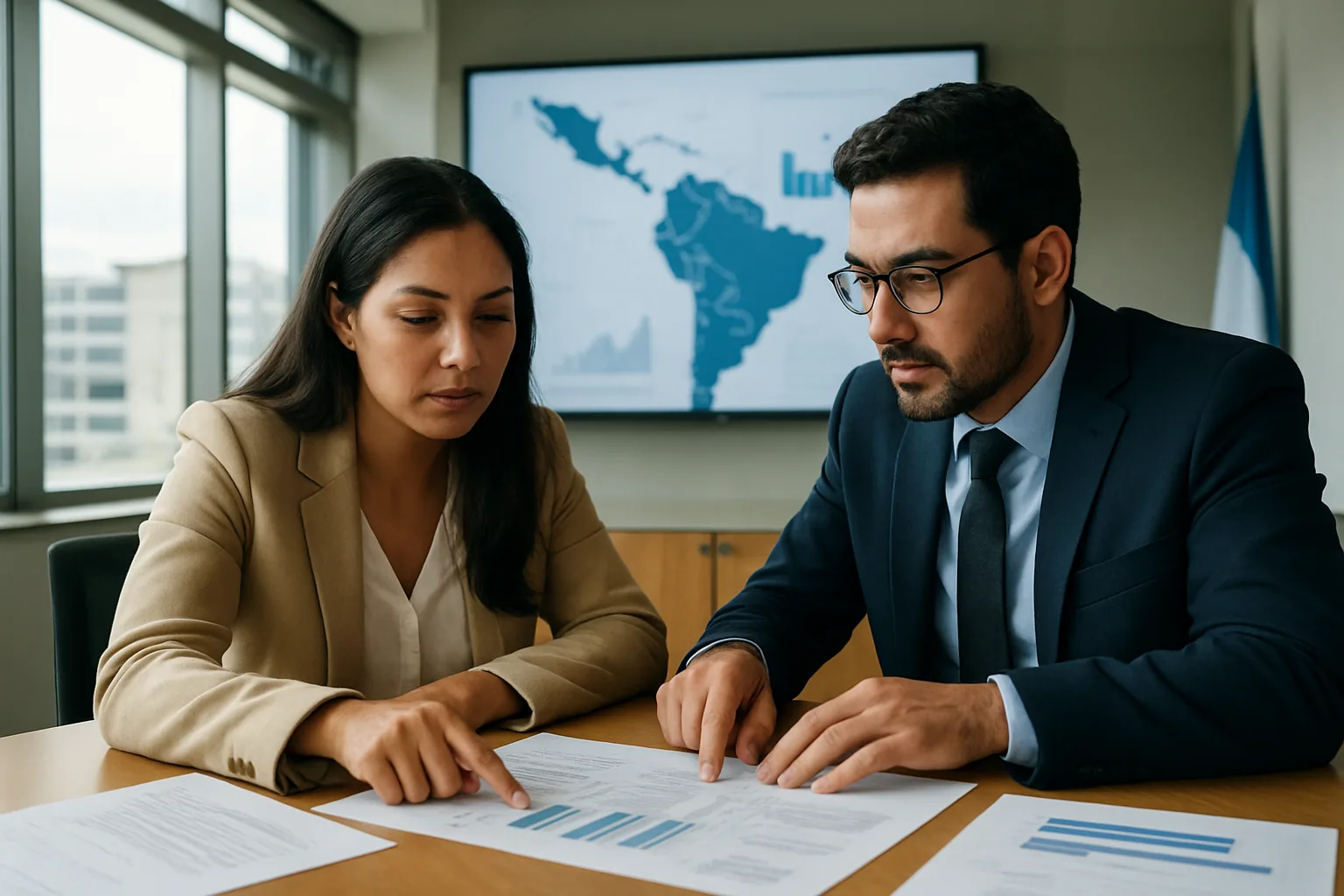Una persona revisa un informe técnico en una mesa de trabajo mientras al fondo hay una pantalla con mapas y gráficos de América Latina en una sala de reuniones moderna.