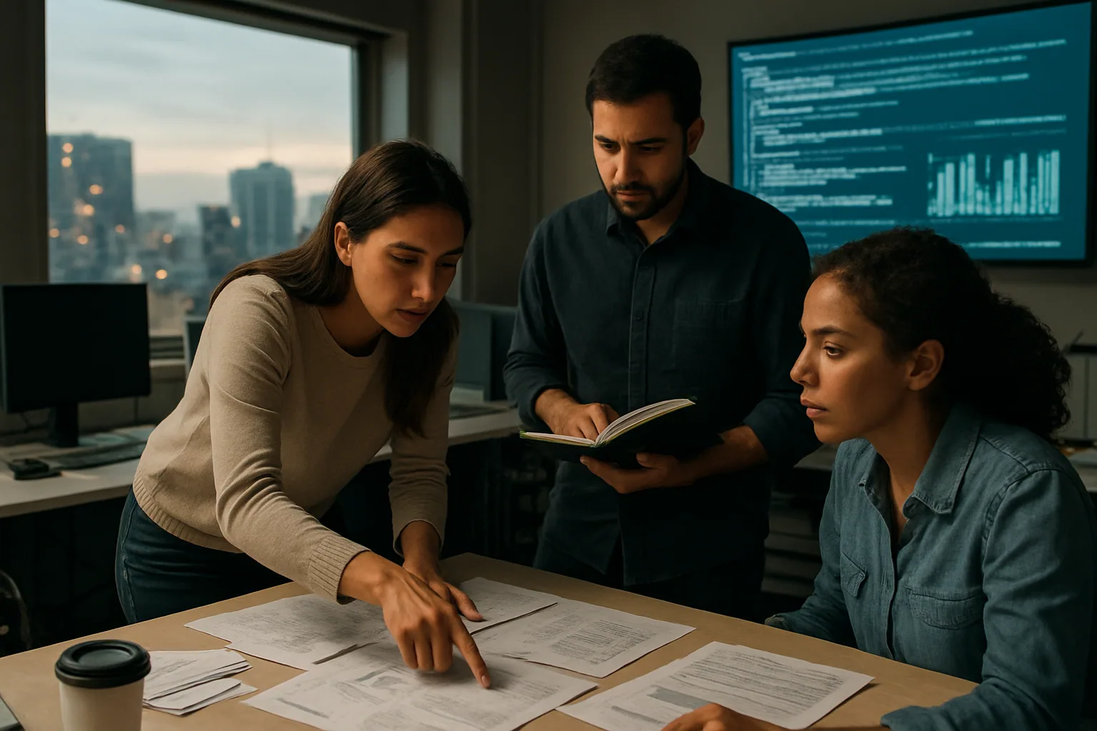 Un equipo de investigadores revisa resultados de un modelo de inteligencia artificial en una sala de trabajo en Chile, con pantallas mostrando texto y gráficos.