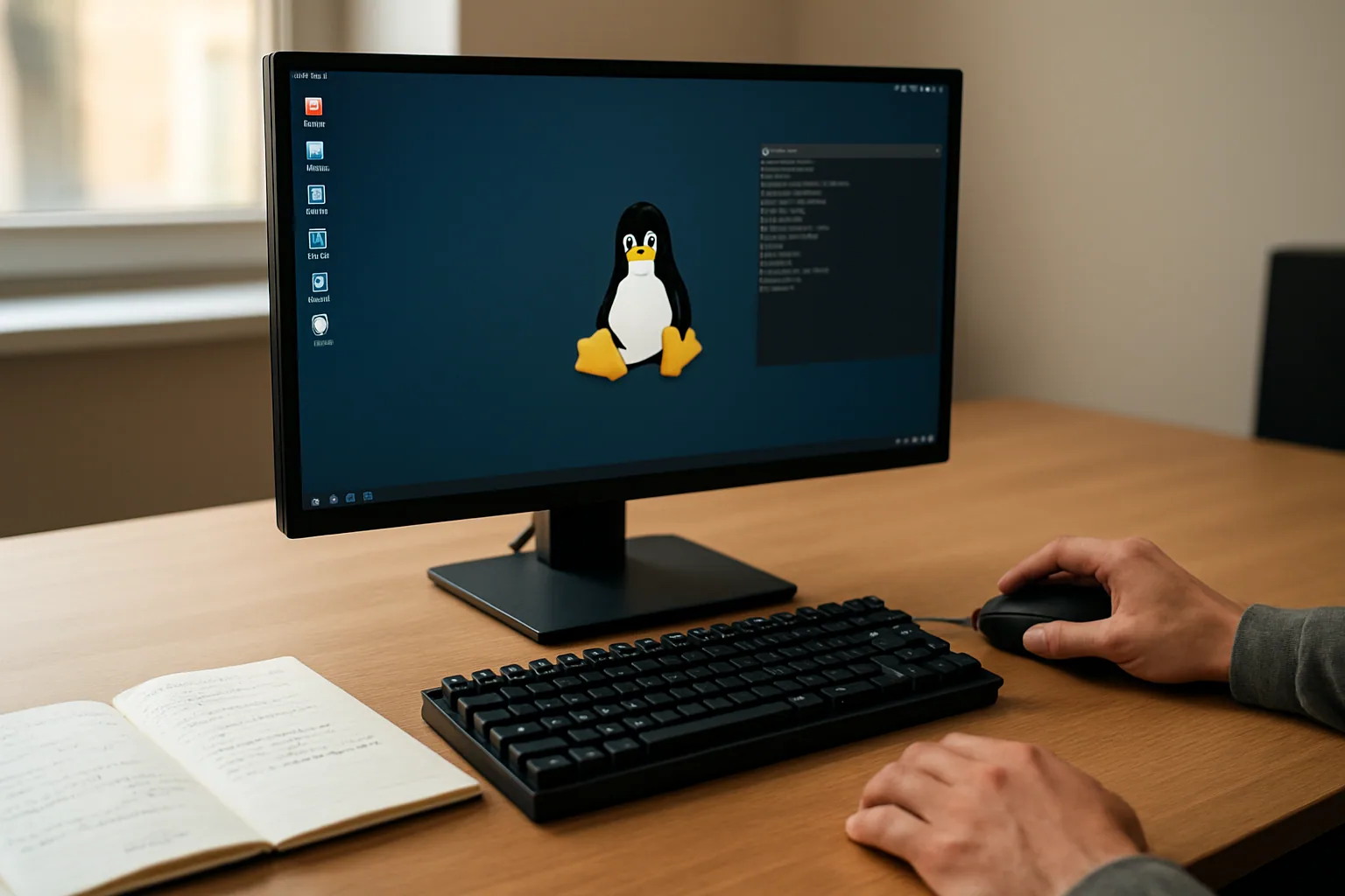 Un monitor con una interfaz de escritorio Linux abierta junto a un teclado mecánico y un ratón sobre un escritorio de trabajo, con una persona tomando notas al lado.
