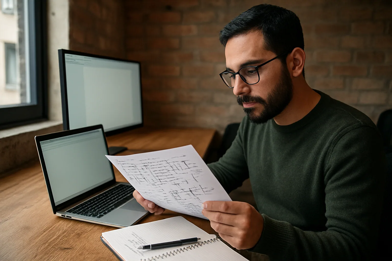 Una persona revisa notas técnicas impresas junto a una libreta y una laptop en una mesa de trabajo, con una pantalla al fondo mostrando un documento de estudio.