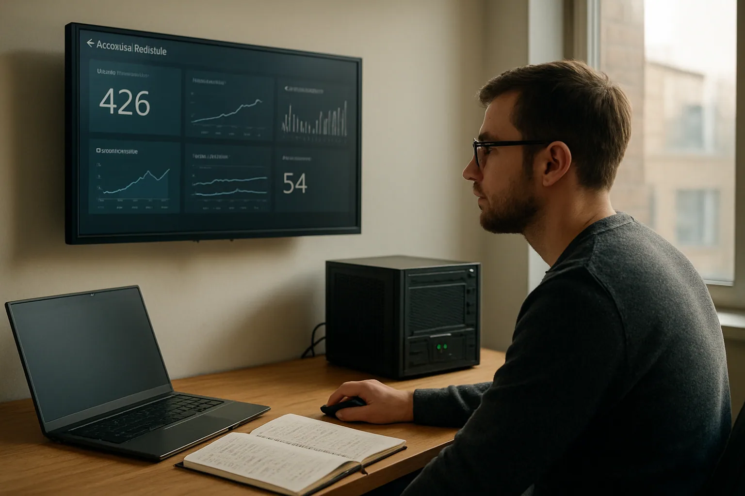 Una persona revisa un monitor con métricas de base de datos junto a un servidor pequeño en una mesa de trabajo técnica.