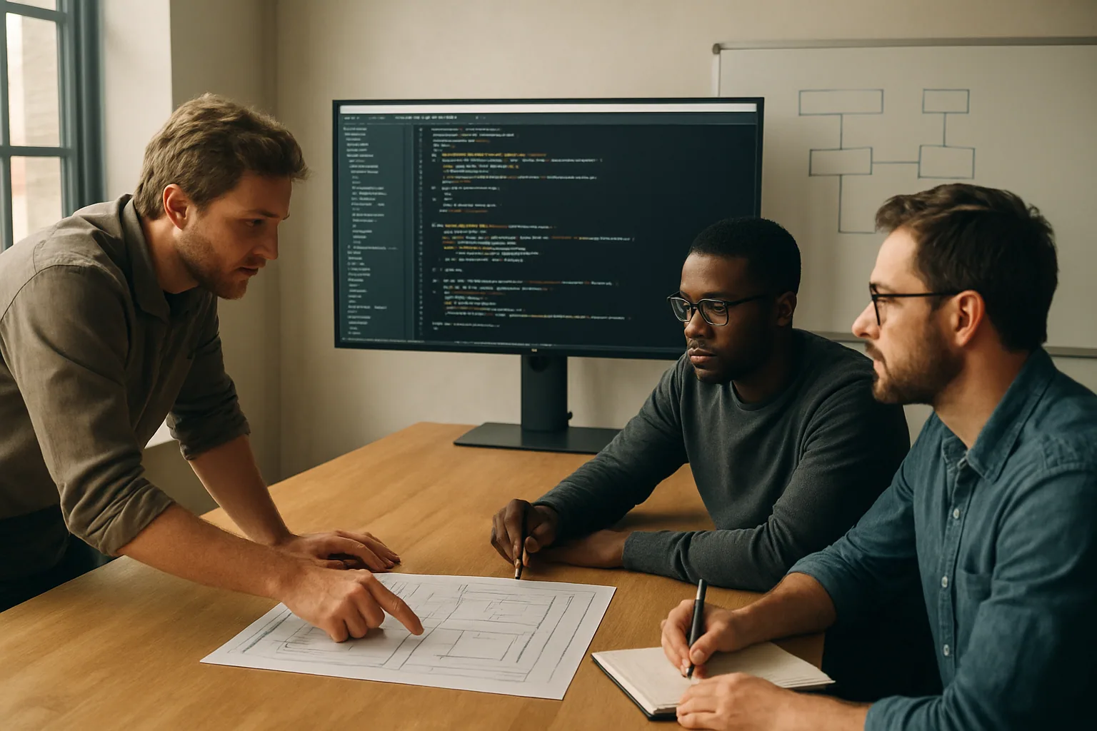Un equipo de ingeniería revisa código en una sala de trabajo mientras una pizarra muestra decisiones de arquitectura y un monitor enseña un diff simple y legible.